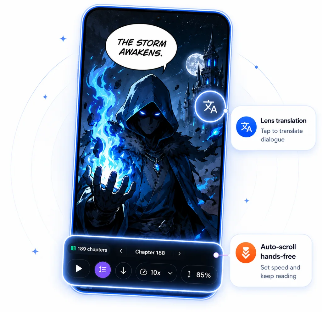SpeedyComic Comic Mode reading a fantasy comic with Translation Lens and hands-free auto-scroll