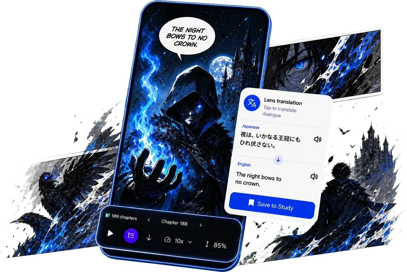 SpeedyComic comic reader showing a fantasy chapter, in-place translation, and Save to Study controls